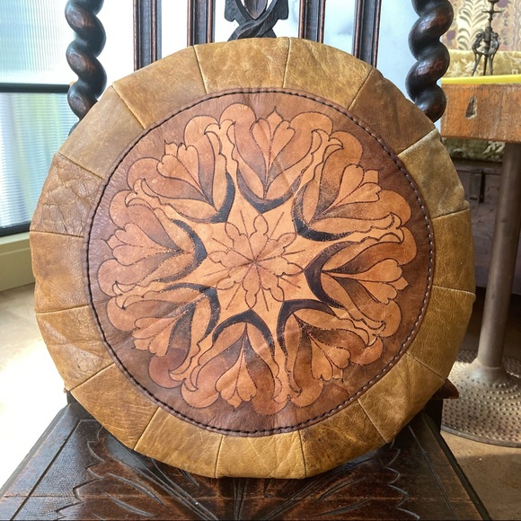 1/2 Vintage Moroccan Leather Mandala Pillow - Picture 3 of 9